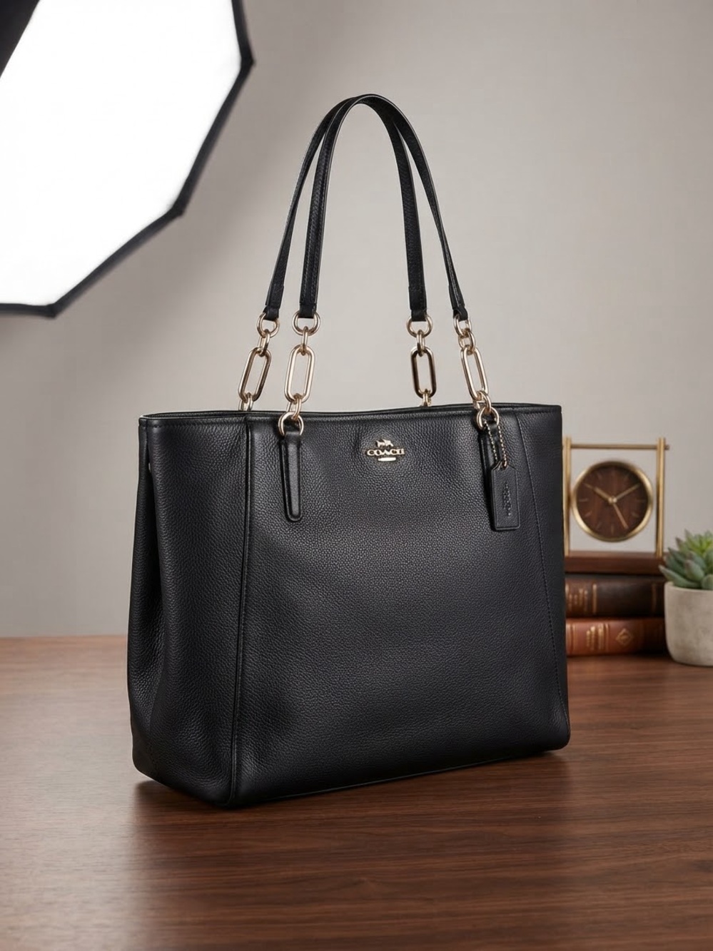 Coach Black Pebbled Leather Tote with Gold Accents